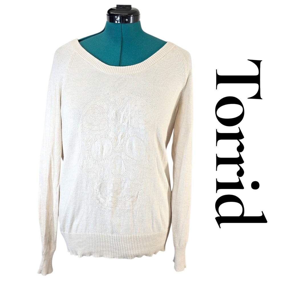 Torrid Sweater Women 0‎ Cream Cotton Pullover Embroidered Sugar Skull Gothic Alt